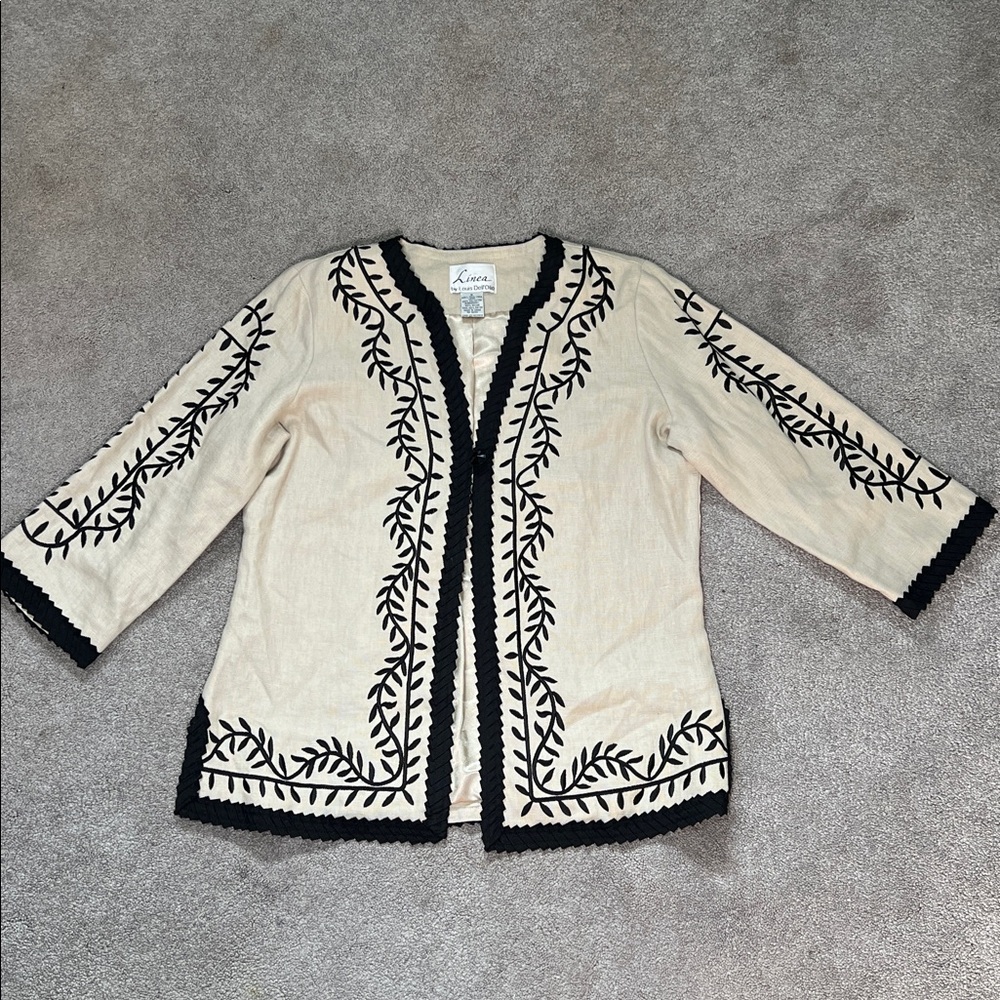 Linea by Louis Dell'Olio Cream Linen Jacket with Black Embroidery
